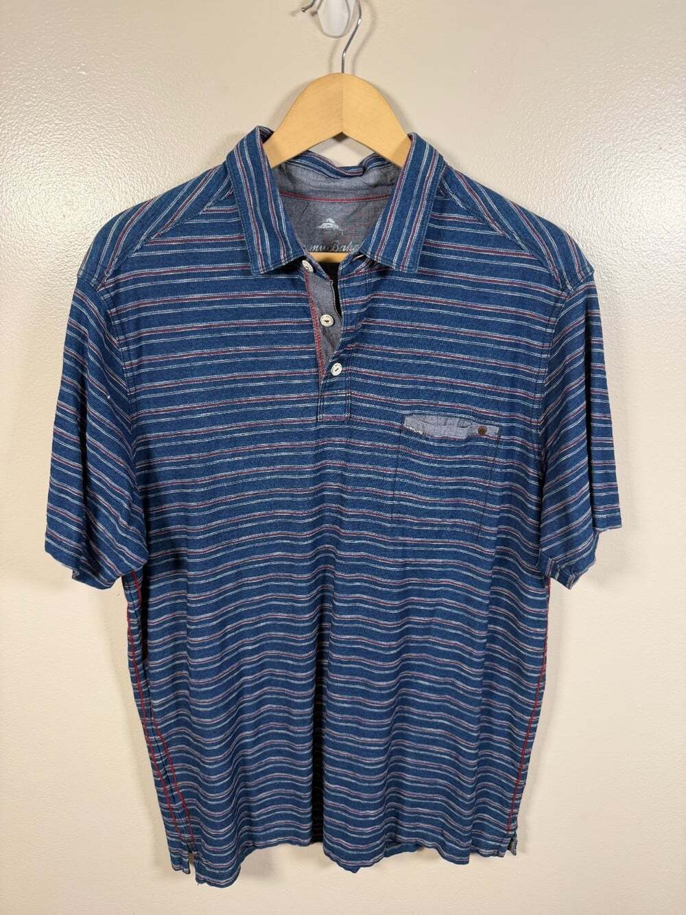 Tommy Bahama Polo Shirt Size Large Blue Stripes 100% Cotton Work Business Casual